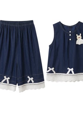 夏款女童洋气阔腿裤套装时尚牛仔