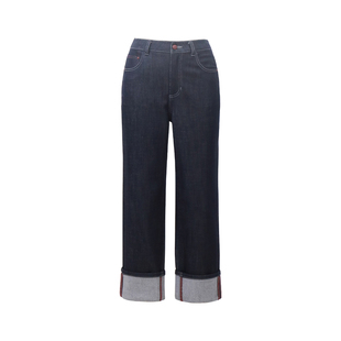 HONRN/红人休闲直筒牛仔裤女九分宽松卷边显瘦深蓝裤子HL11OK165