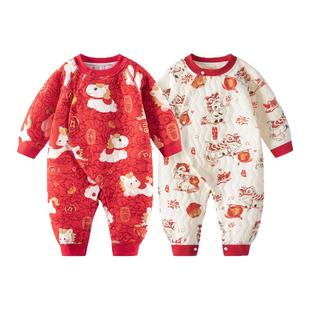 【拜冬年服】婴儿连体衣红色过年保暖夹棉春秋冬幼儿宝宝新年衣服
