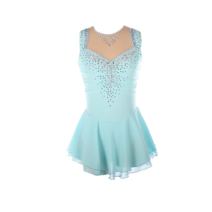 福诺花样滑冰服表演服考斯腾溜冰服儿童成人比赛服装无袖浅蓝大钻