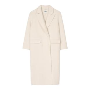 SANDRO秋冬女装法式时尚优雅绵羊毛白色双排扣翻领毛呢大衣外套