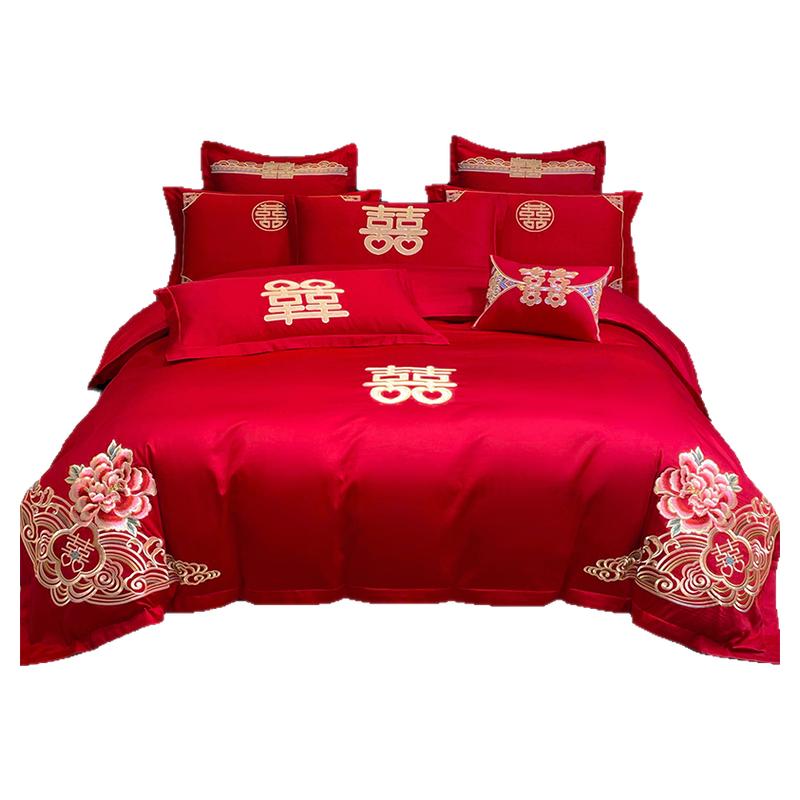 全棉婚慶四件套大紅刺繡龍鳳