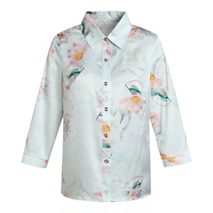 杭州重磅缎面真丝蚕桑丝上衣女2026春夏新款印花气质中年妈妈衬衫