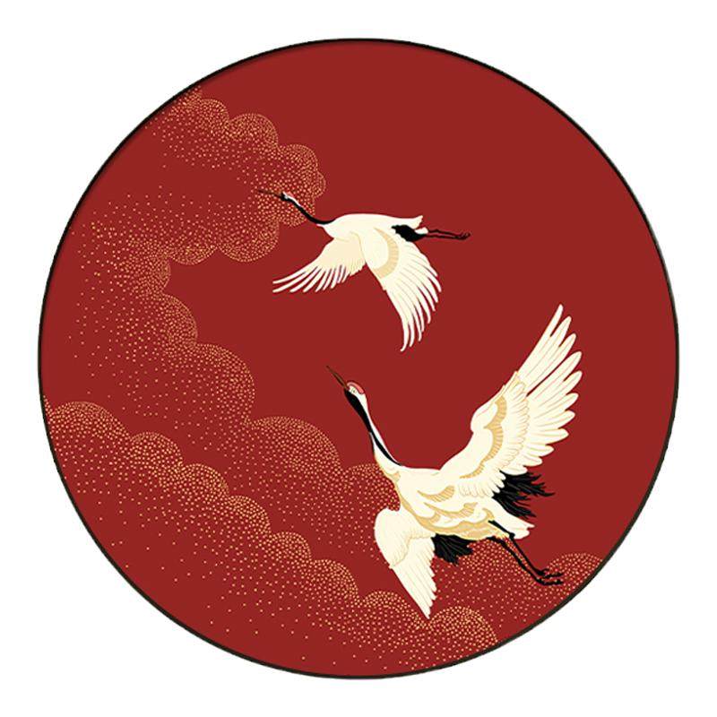 新中式入户玄关装饰画走廊过道中国风仙鹤圆形墙壁画民宿酒店挂画