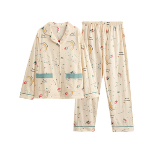 芬腾纯棉月子服春秋季翻领长袖睡衣女可爱休闲孕妇产后哺乳家居服