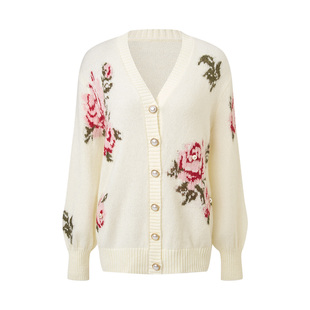 MAXRIENY慵懒感针织刺绣v领马海毛针织衫25冬款羊毛混纺宽松外套