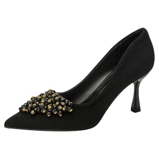 春秋新款绝美水钻黑色高跟鞋女气质高级感不累脚细跟尖头法式单鞋