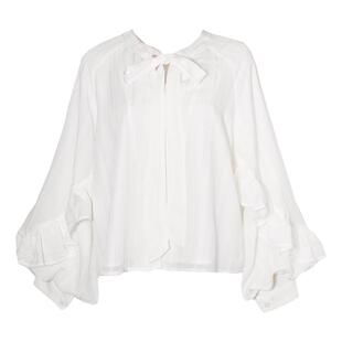 弥爱原创《月光浮星》法式宫廷复古荷叶边灯笼袖微闪绑带衬衫春新