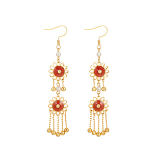 伊泰莲娜新款中国风耳环女新年金色红色喜庆流苏品韵耳勾