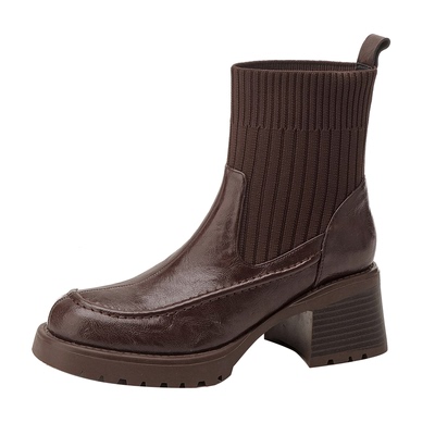 针织毛线筒弹力靴粗跟厚底短靴