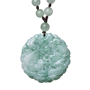 天然缅甸A货玉石翡翠龙凤玉佩吊坠毛衣链飘花玉牌挂件男女款项链