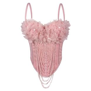 立体花钉珠链条流苏外穿鱼骨胸衣背心吊带抹胸短款上衣性感辣妹风