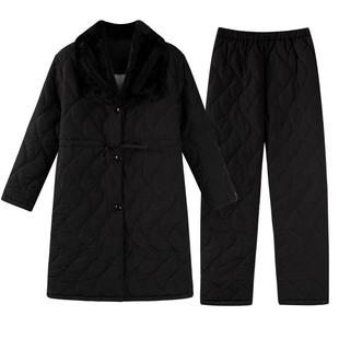 加长款睡衣女防风夹棉加绒加厚棉袄系绳家居服可外穿冬天套装黑色