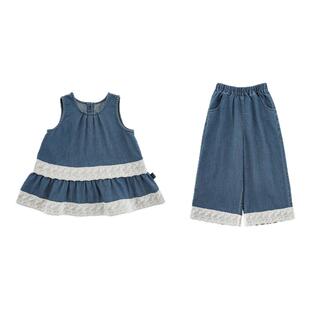 幼悠女童牛仔套装夏季新款清凉无袖背心娃娃衫宽松阔腿牛仔裤夏装