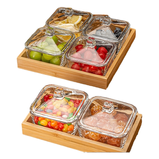 玻璃水果盘分格干果盘商用木质托盘长方形糖果盘轻奢高档小吃拼盘