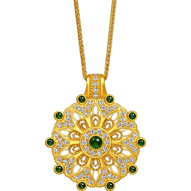 周生生华宇黄金东方古祖足金镶嵌钻石翡翠曼陀罗项链95826N定价