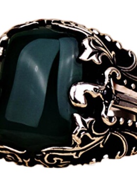 绿色玛瑙宝石镶嵌戒指纯银剑雕刻