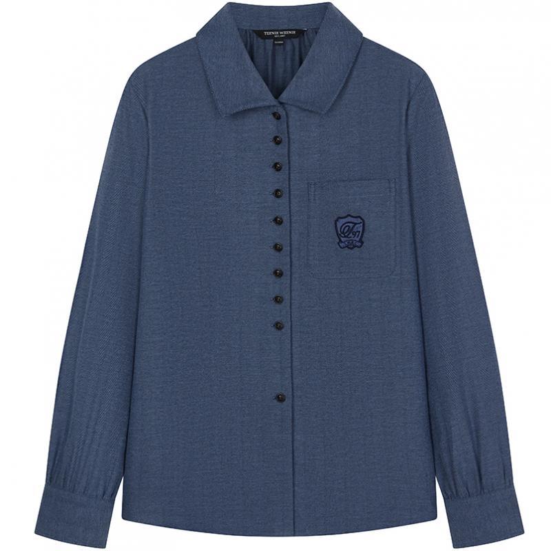 TeenieWeenie小熊女装衬衫2025秋新款舒适磨毛仿牛仔感人字纹上衣