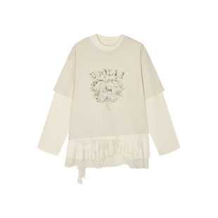 UOOYAA/乌丫2026春季新款「魔法花园」蕾丝蛋糕裙拼接假两件T恤