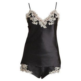 2025新款春秋真丝吊带睡裙桑感蕾丝V领露背蚕丝性睡衣女短裤套装