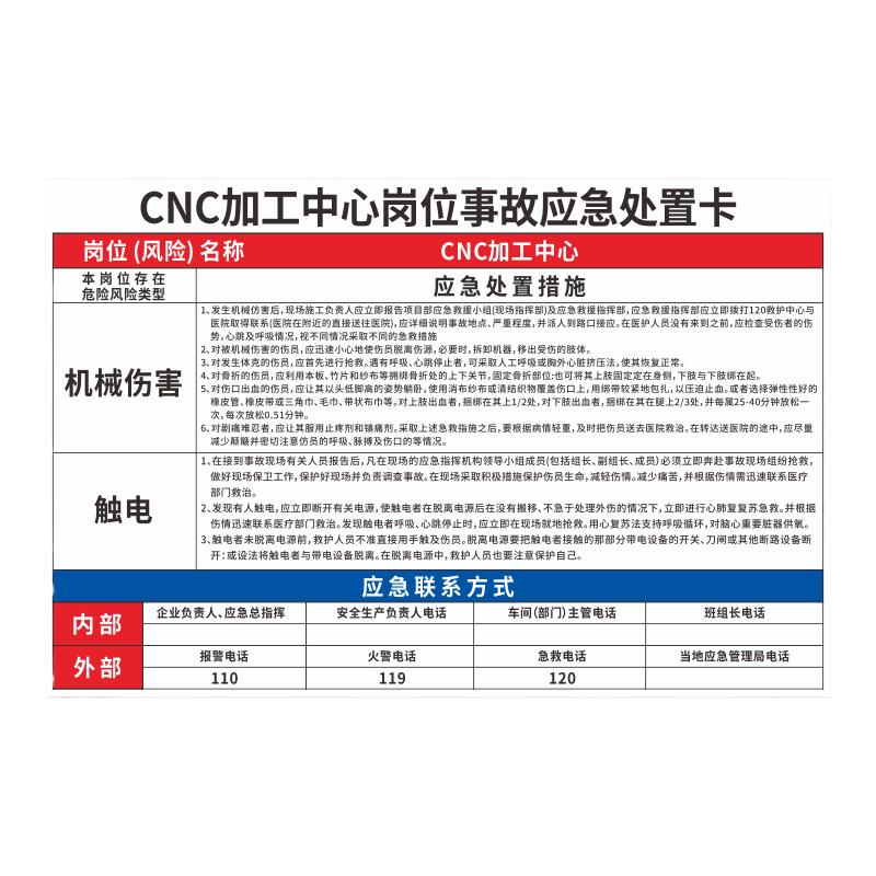 事故应急处置卡空压机危险化学品泄漏火灾触电有限空间应急处置标识CNC生产车间机械伤害提示警示标识标志牌