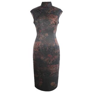 品尚华服复古素缎香云纱旗袍优雅手工中长款少女桑蚕丝旗袍秀中裙