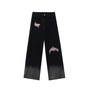黑色渐变印花牛仔裤女高腰春季新款大码胖mm宽松显瘦直筒阔腿裤子