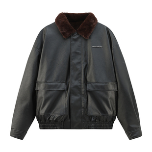 江南先生NewJNXS复古简约logo金属标立领双面穿双开拉链宽松皮衣