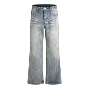 400G潮牌复古重磅直筒微喇牛仔裤子男高街Vibe风显瘦做旧百搭长裤