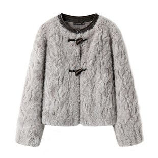 拉夏贝尔/La Chapelle小香风牛角扣毛毛外套女秋冬新款高级感上衣