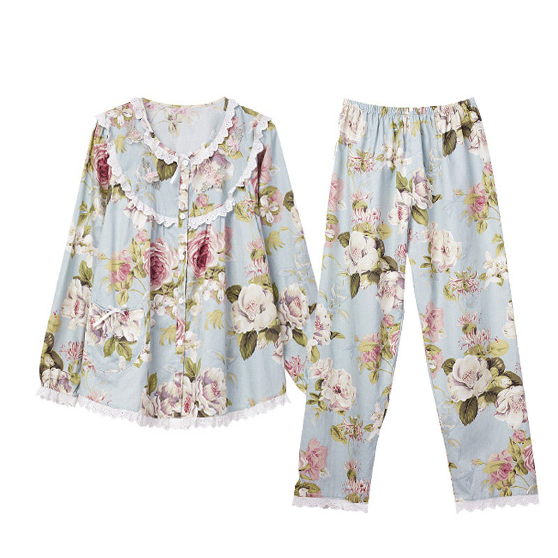 春秋纯棉睡衣夏季薄款大码女人梭织棉布碎花长袖家居服月子服套装