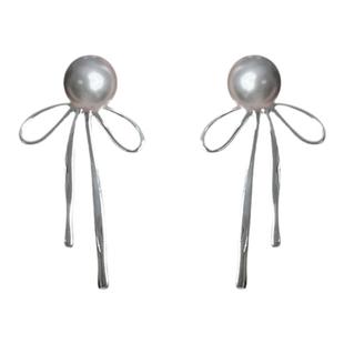 《奇思妙想》真多麻灰珍珠蝴蝶结耳环女小众设计高级耳饰耳钉耳坠