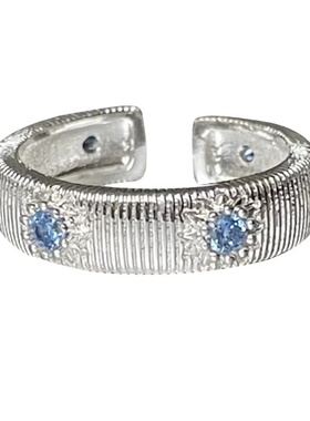 海蓝色拉丝戒指女小众设计情侣食指戒轻奢高级感时尚个性指环