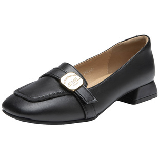 大东单鞋女2026新款春季粗跟小皮鞋一脚蹬乐福鞋方头舒适通勤女鞋