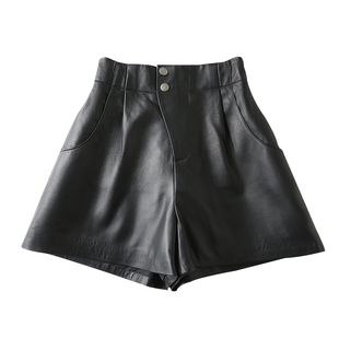 绵羊皮真皮短裤高腰a字阔腿百搭显瘦松紧腰欧货皮短裤女秋冬新款