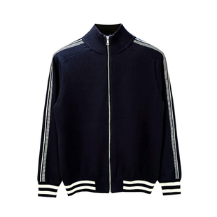 潮流新款独特立领外套毛衣男款拼色条纹修身上衣拉链开衫针织衫男