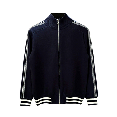 拉链开衫针织衫立领拼色条纹毛衣