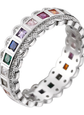 通体纯银蕾丝彩虹锆石戒指女