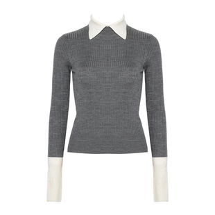 DPLAY【云朵针织】假两件翻领打底衫春春灰色针织衫女含羊毛上衣