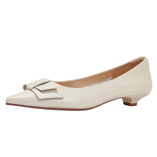 商场同款百田森超软小羊皮女鞋秋新尖头蝴蝶结法式不累脚小跟鞋