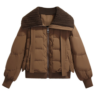 美拉德棕咖色羊羔毛绒拼接翻领羽绒服女2025冬季新短款小个子外套