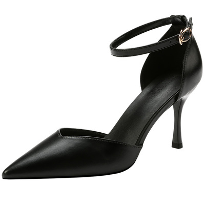 一字扣百搭低软底防滑小码高跟鞋