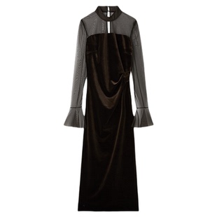 SNIDEL2025秋冬新品气质薄纱透视丝绒长袖收腰连衣裙SWFO255093