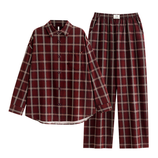 悦内睡衣女款春秋季纯棉长袖家居服时尚大码复古红休闲格子可外穿