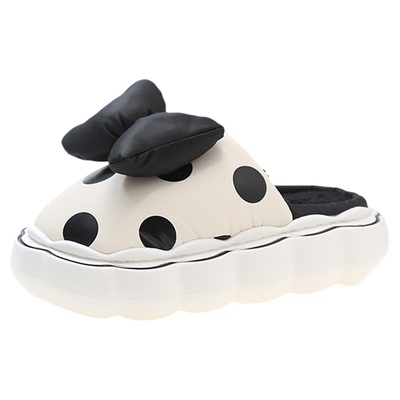 蝴蝶结波点保暖厚底棉拖鞋