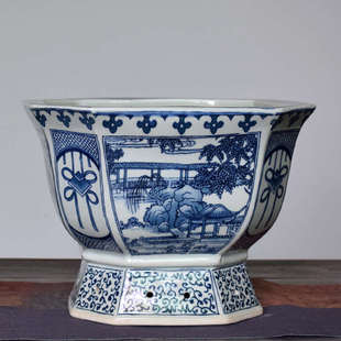 中式 古典青花陶瓷花盆六方四方绿萝吊兰花盆阳台绿植盆栽大号带孔