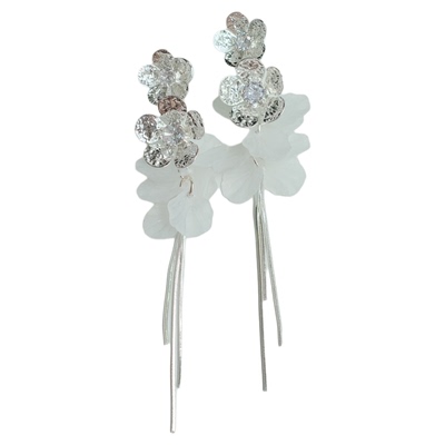 清冷花朵银色长款流苏耳环耳夹