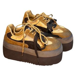 复古真皮擦色松糕厚底德训鞋女2025新款百搭小个子增高休闲板鞋潮