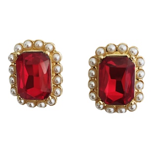 经典款红色方形珍珠耳饰中式复古银针耳钉无耳洞耳夹女气质B835