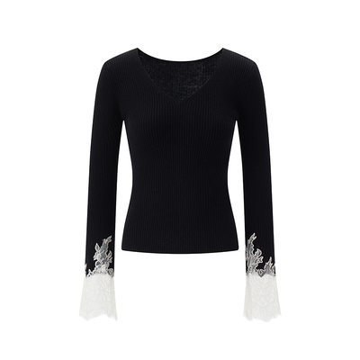 MELINDA LI【月光天鹅】100绵羊毛蕾丝绣花V领肌理感针织上衣半裙